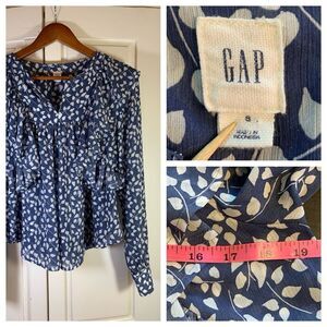 Gap Cottage Blouse‎ Top Women Small Black Floral Print Ruffle Boho Semi Sheer